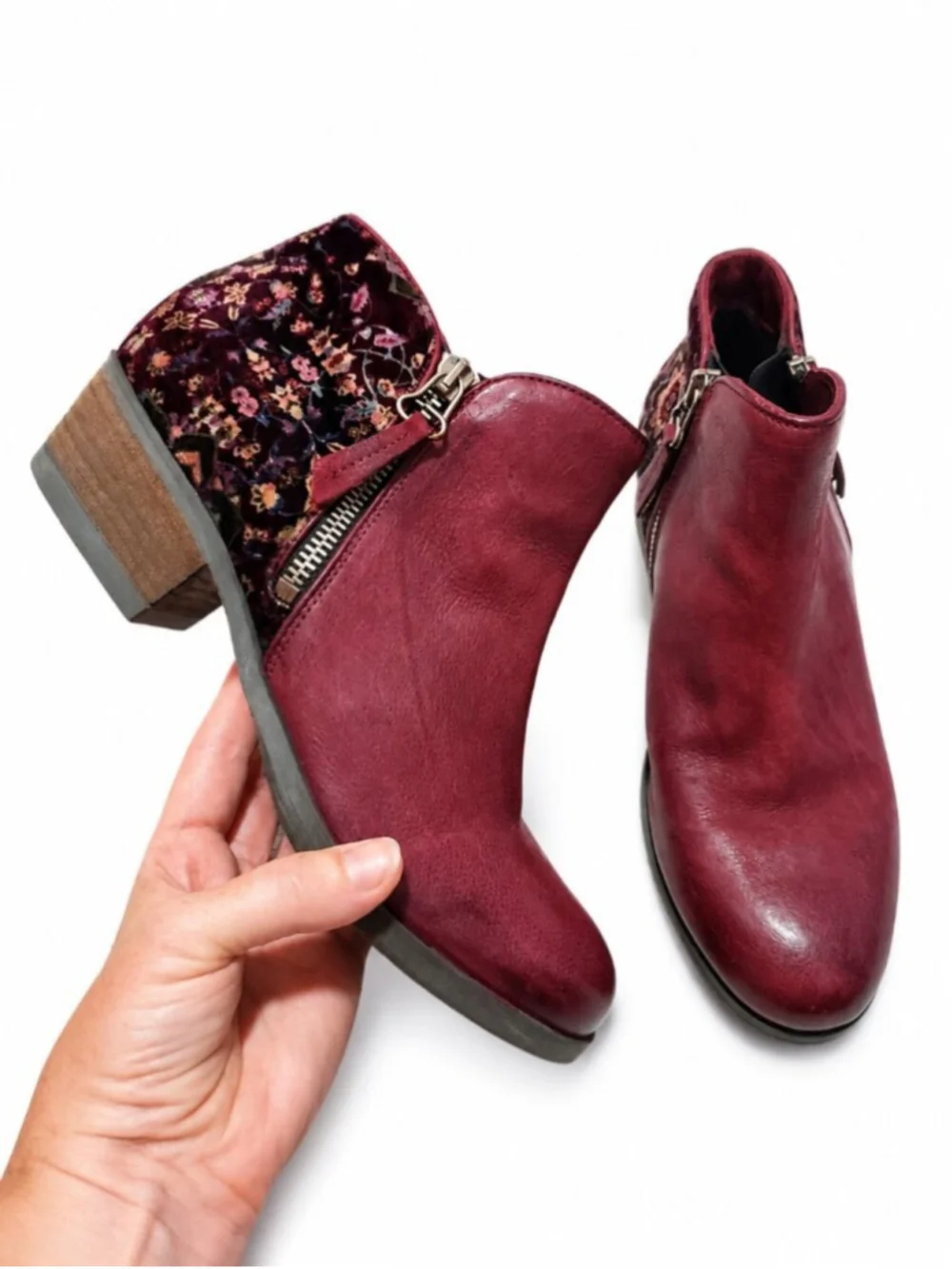 MIZ MOOZ Bangkok Leather & Floral Velvet Ankle Boots Red 39EU 8.5US Burnished